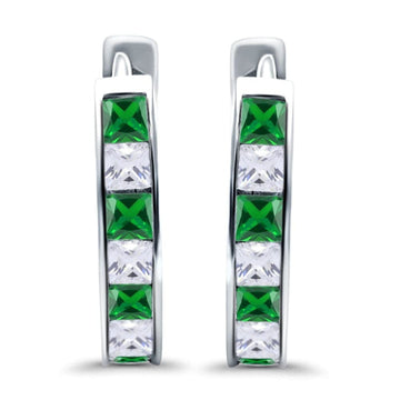 Half Eternity Hoop Earrings Princess Cut Simulated Green Emerald CZ 925 Sterling Silver (14mm)